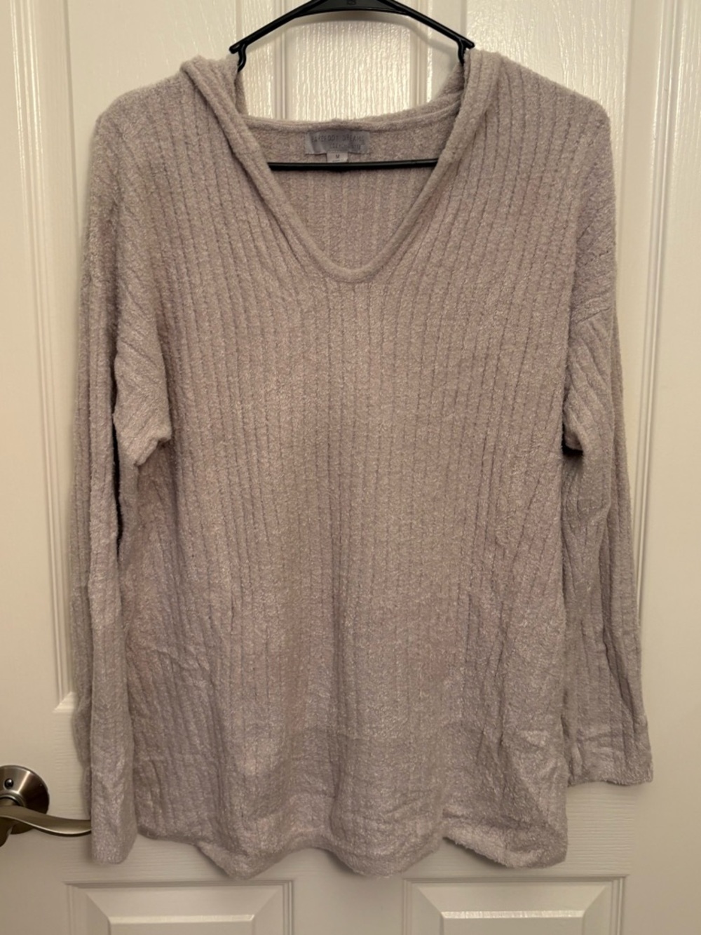 Barefoot Dreams Ribbed V-Neck Hooded Sweater in Light Taupe